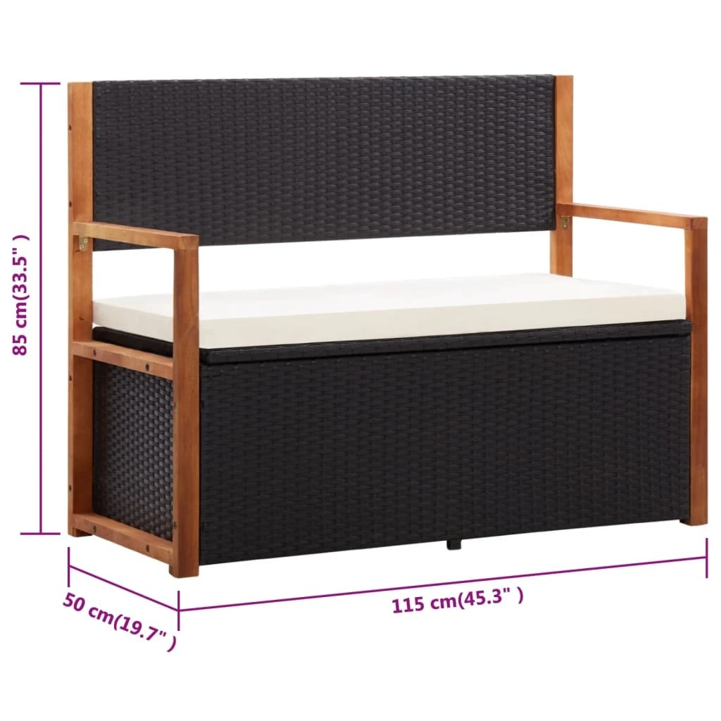 VidaXL Ławka Ze Schowkiem, 115 Cm, Rattan PE I Drewno Akacjowe, Czarna 11 VidaXL Ławka Ze Schowkiem, 115 Cm, Rattan PE I Drewno Akacjowe, Czarna - Image 9