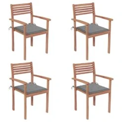 VIDAXL Krzesła Ogrodowe, 4 Szt., Szare Poduszki, Drewno Tekowe